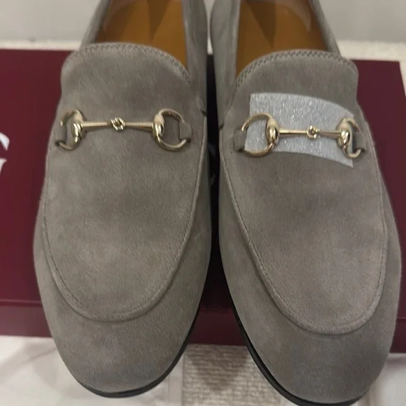 Gucci Light Gray Suede Loafers with Gold Detail - Picture 2 of 5
